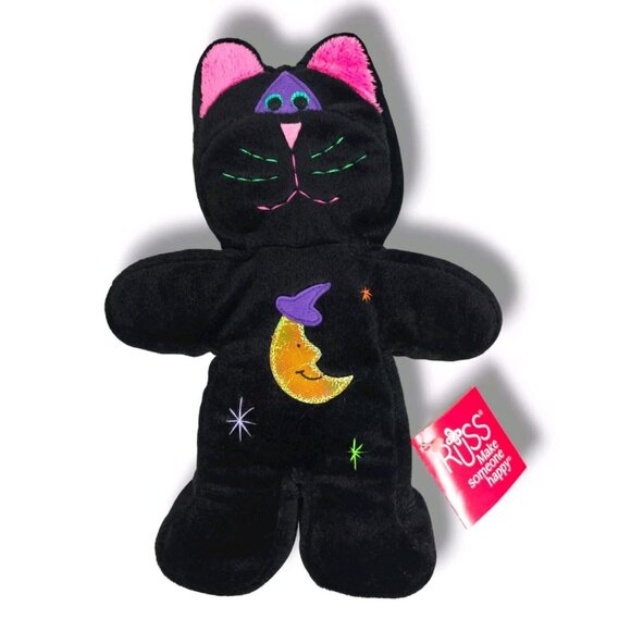Russ Berrie Black Cat 9" Plush Halloween Stuffed Animal Embroidered New With Tag - Picture 1 of 7